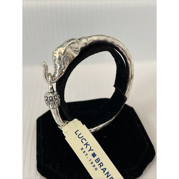 Lucky Brand Elephant Cuff Bracelet Silver Tone Hammered Texture Signed 7” - Picture 2 of 5
